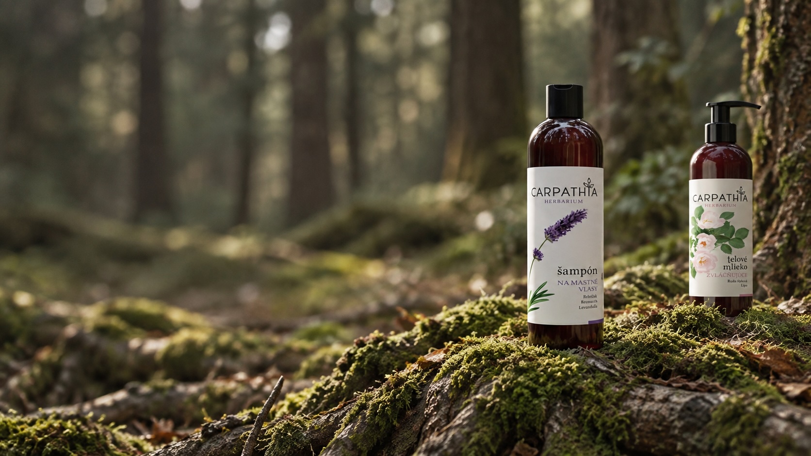 Vlasové a telové produkty Carpathia Herbarium v horskej krajine