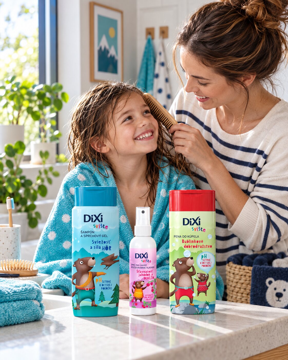Rodič rozčesáva dieťaťu vlasy, v popredí produkty DiXi Svište