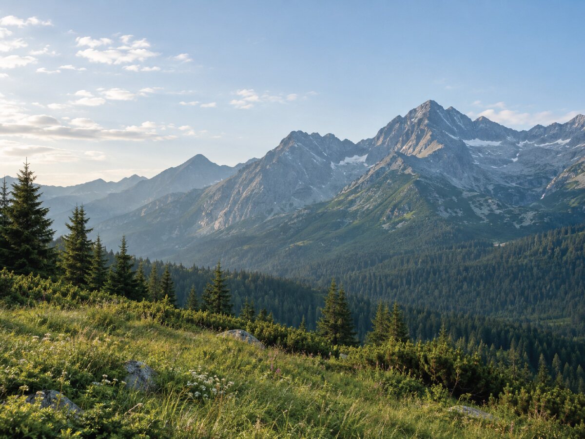 Horské štíty Tatier nad zelenou krajinou
